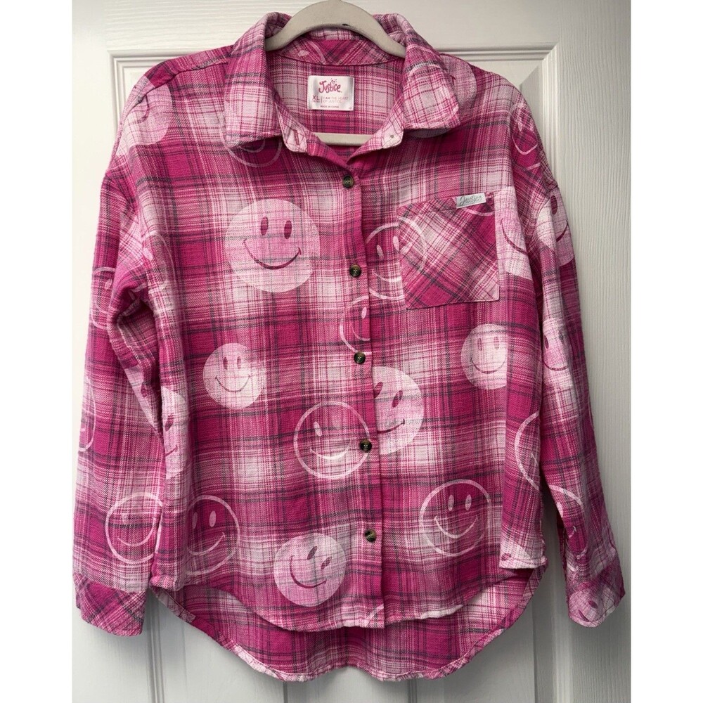 Justice Long Sleeve Smiley Face Button-Up Pink Flannel Girls Size XL
